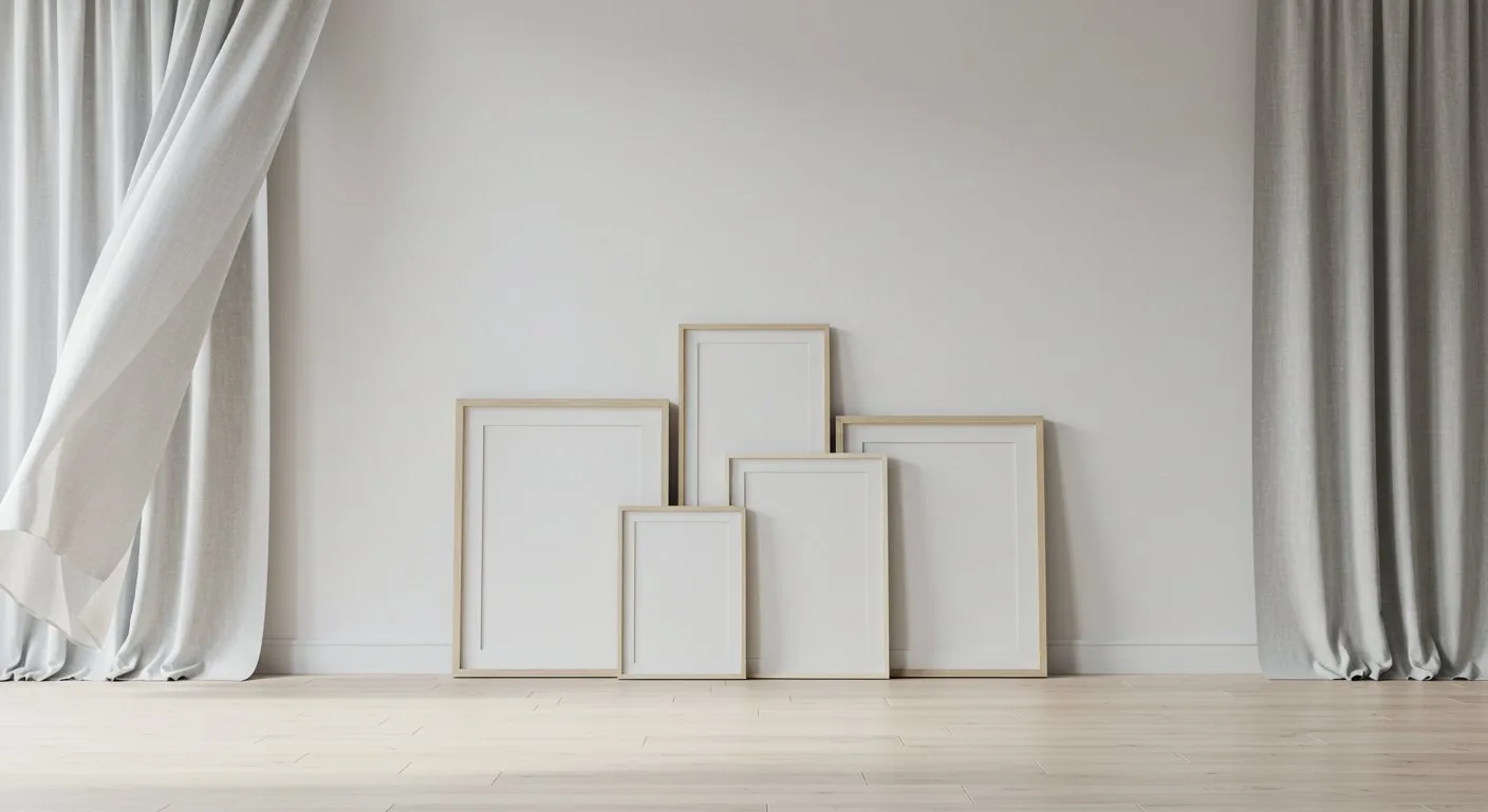 Lekkie lniane zasłony poruszają się delikatnie w oknie obok białej ściany ozdobionej minimalistycznymi grafikami.