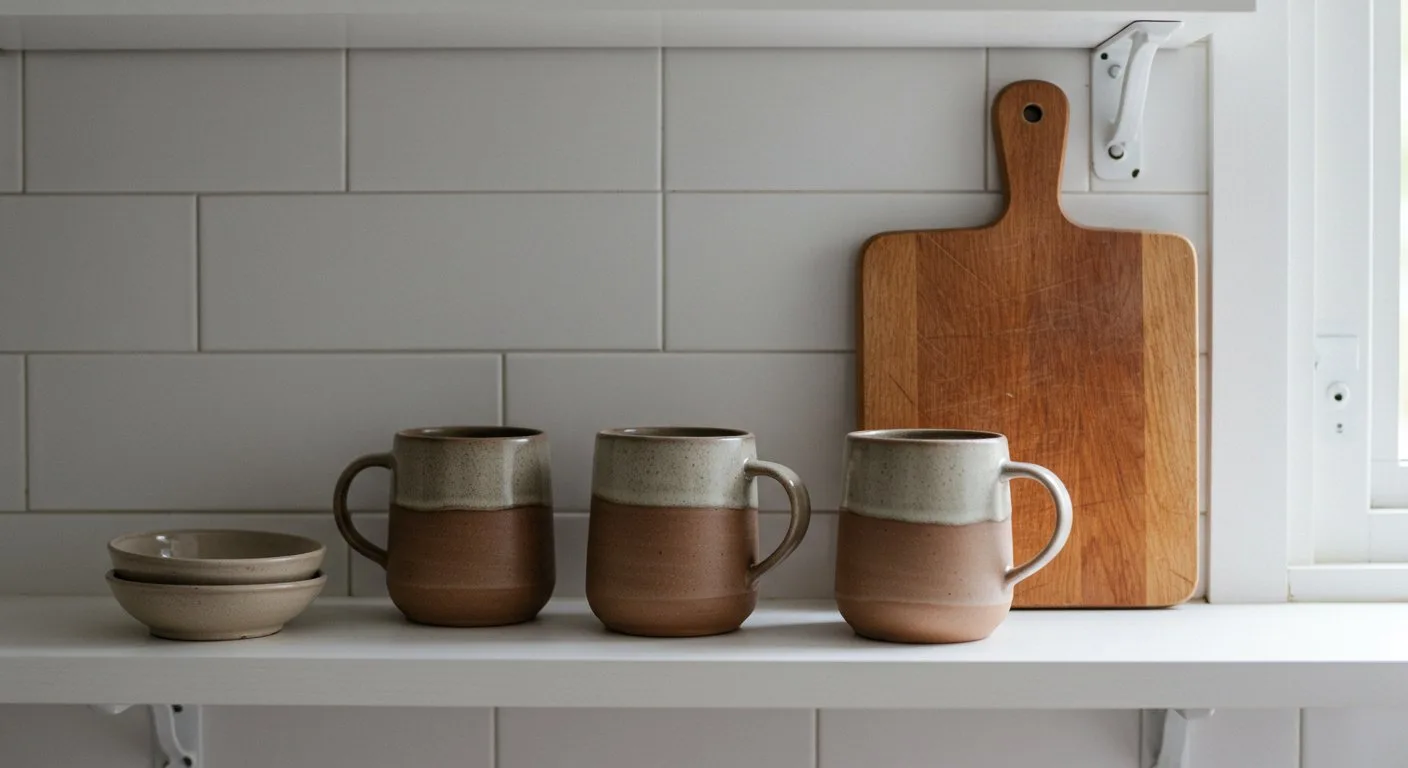 Na białej półce kuchennej stoją ręcznie robione ceramiczne kubki w naturalnych odcieniach ziemi oraz mała drewniana deska do krojenia.
