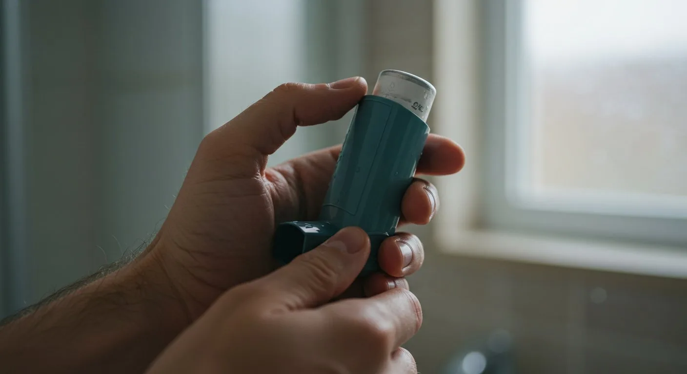 Dłonie trzymają przenośne urządzenie do inhalacji w jasnej łazience przed próbą przygotowania roztworu leczniczego.
