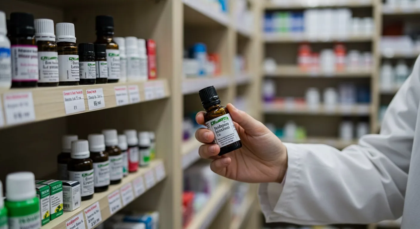Farmaceuta trzyma w dłoni produkt z olejkiem eterycznym podczas udzielania porady w aptece.