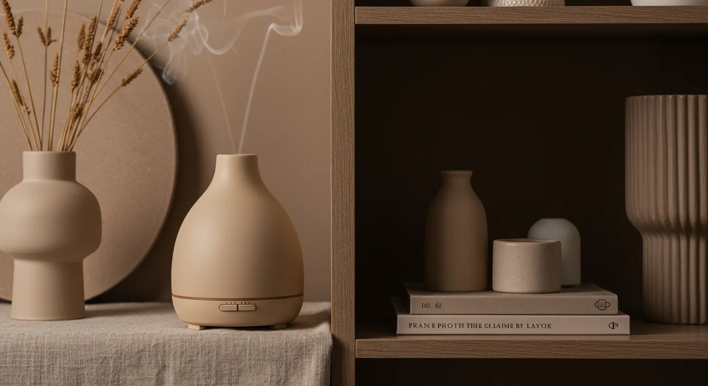Beżowy dyfuzor ceramiczny stanowi elegancki element dekoracyjny na półce w nowoczesnym salonie pełnym naturalnych tkanin.