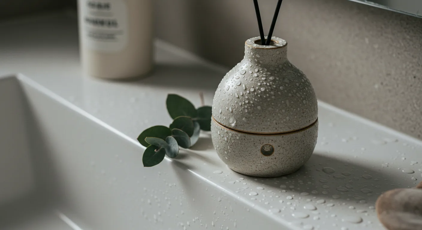 Ręcznie wykonany dyfuzor ceramiczny został ustawiony na łazienkowej umywalce w towarzystwie świeżych gałązek eukaliptusa.