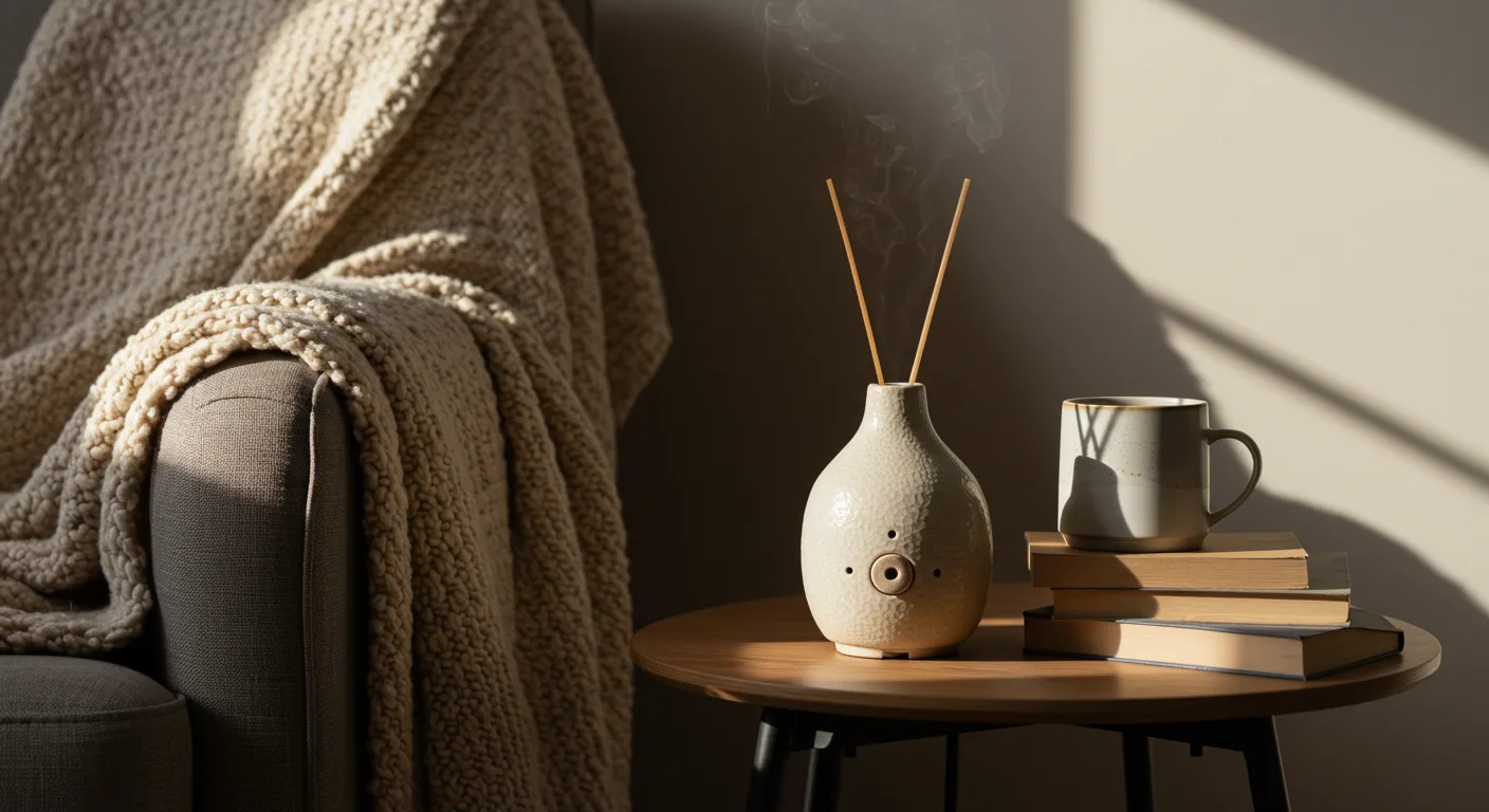 Ceramiczny dyfuzor olejków eterycznych dopełnia przytulną atmosferę kącika wypoczynkowego z miękkim wełnianym kocem.