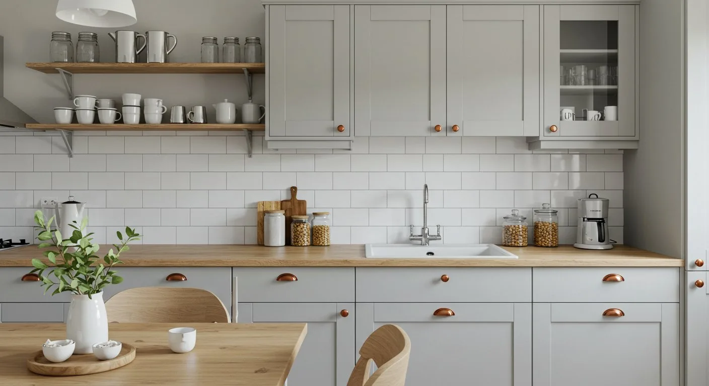 Kuchnia z matowymi szarymi szafkami i drewnianym blatem ma otwarte półki, na których poustawiano ceramiczne kubki oraz szklane słoiki.