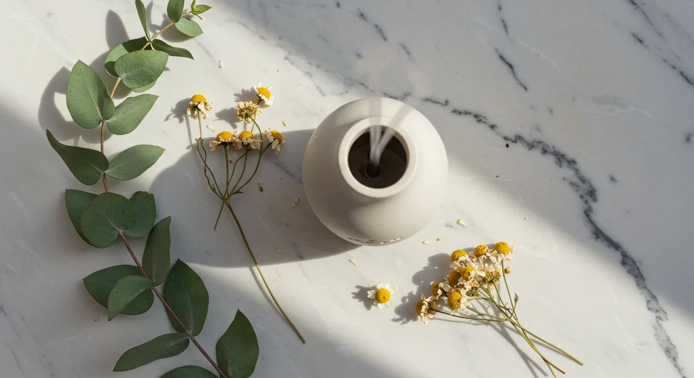 Ceramiczny dyfuzor otoczony świeżymi gałązkami eukaliptusa i suszonymi kwiatami rumianku leży na jasnym marmurowym blacie.