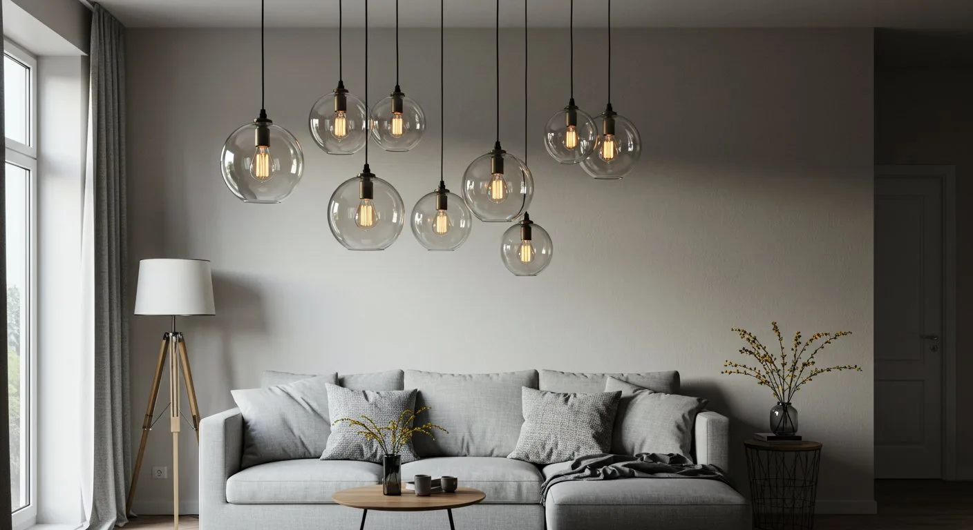 Kilka szklanych lamp wiszących z żarówkami dekoracyjnymi znajduje się nad wygodną kanapą z miękkimi poduszkami w salonie.