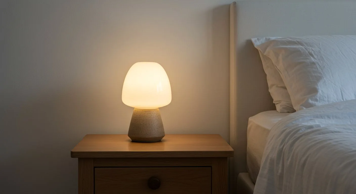Niewielka ceramiczna lampka nocna stoi na drewnianym stoliku przy łóżku z pościelą z naturalnego lnu.