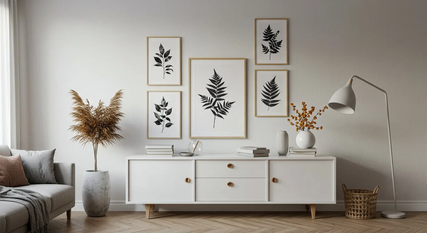 Minimalistyczna biała komoda znajduje się pod ścianą ozdobioną symetrycznie zawieszonymi grafikami w drewnianych ramkach.