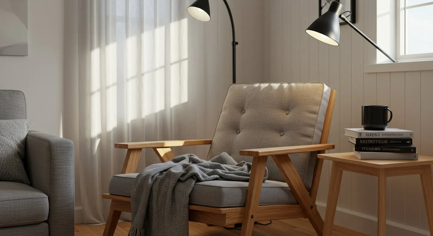 Wygodny fotel z wełnianym kocem i metalowa lampa tworzą przytulny kącik do czytania w niedużym wnętrzu.