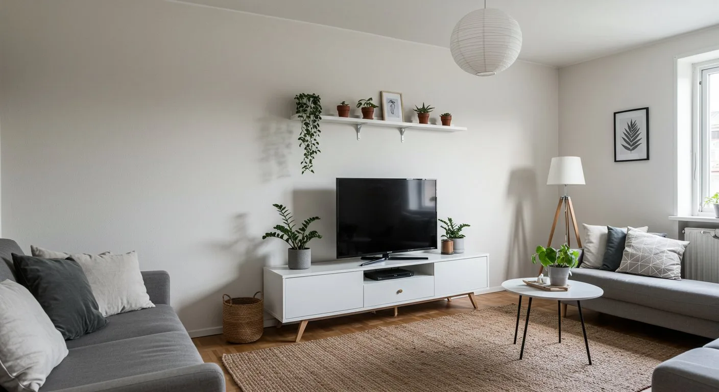 Minimalistyczna szafka pod telewizor oraz rośliny doniczkowe zdobią jasną przestrzeń wypoczynkową z jutowym dywanem.