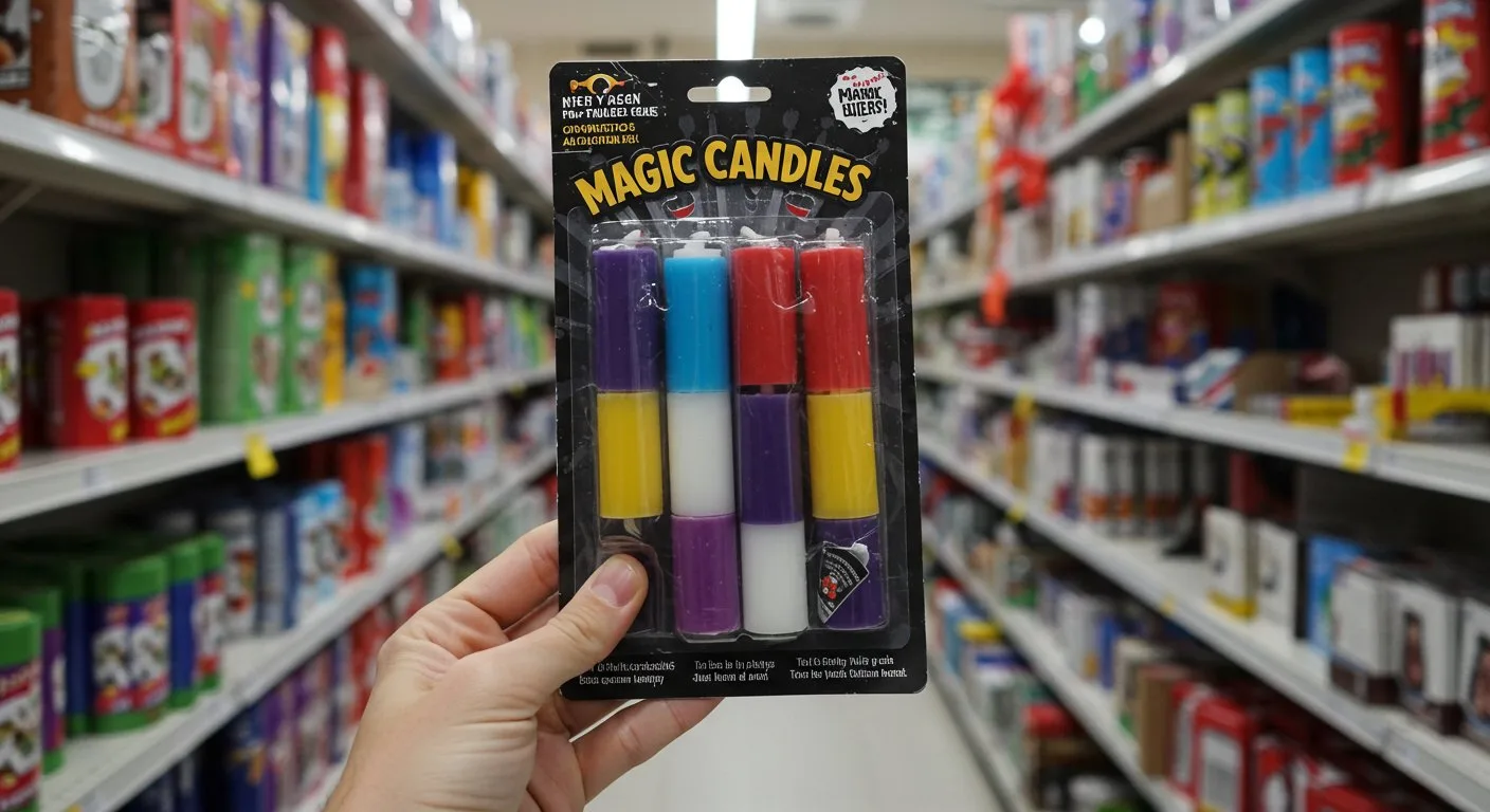 Dłoń trzyma opakowanie z żartobliwymi świeczkami typu magicznego, które są gotowe do użycia podczas przyjęcia urodzinowego.