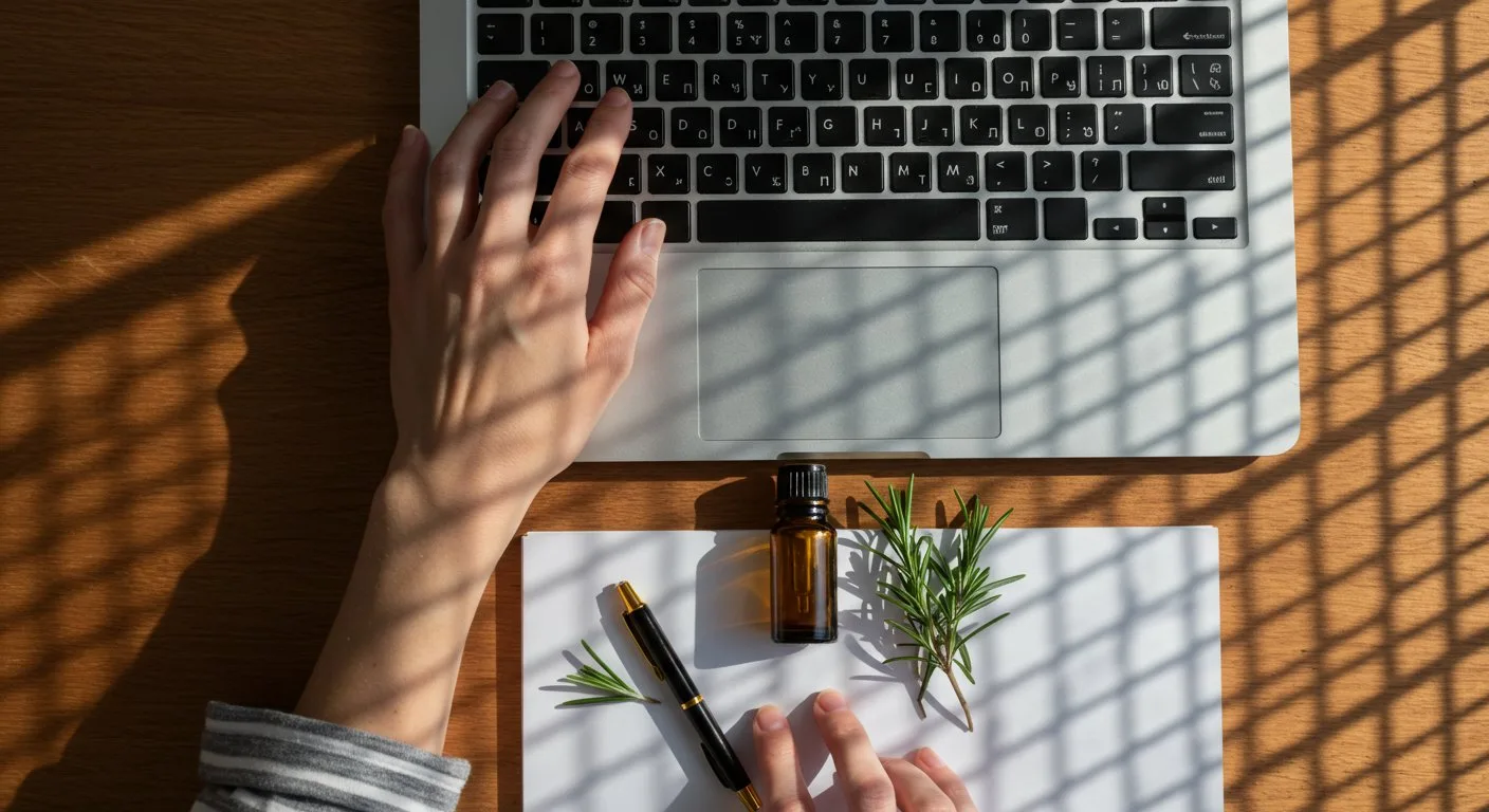 Dłonie piszą na klawiaturze laptopa obok buteleczki z olejkiem eterycznym oraz gałązek świeżego rozmarynu położonych na notatniku.