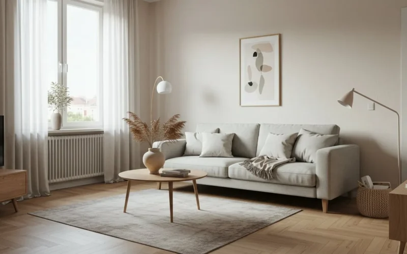 Salon nordic 18m2 w bloku – gotowa aranżacja