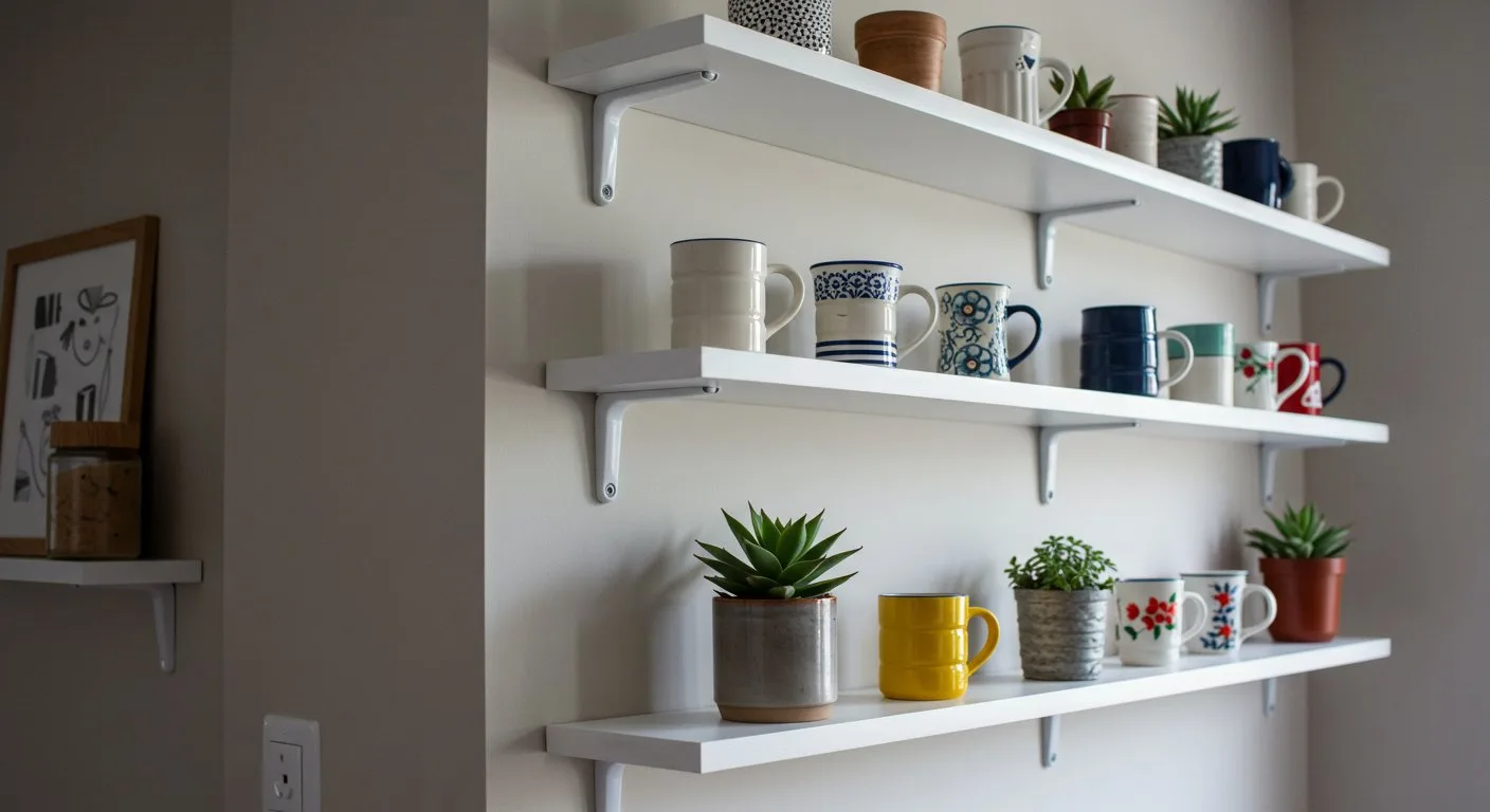 Białe, minimalistyczne półki ścienne pełnią rolę subtelnej przegrody między strefą gotowania a miejscem wypoczynku, eksponując przy tym codzienną ceramikę.