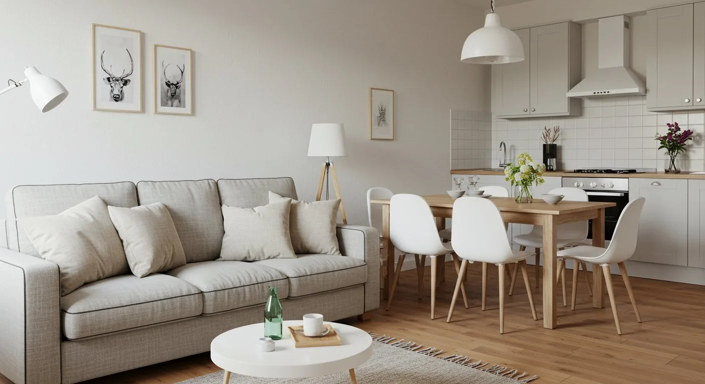Wygodna sofa z lnianymi poduszkami stoi w bezpośrednim sąsiedztwie kuchni, tworząc spójną i przytulną przestrzeń wspólną.